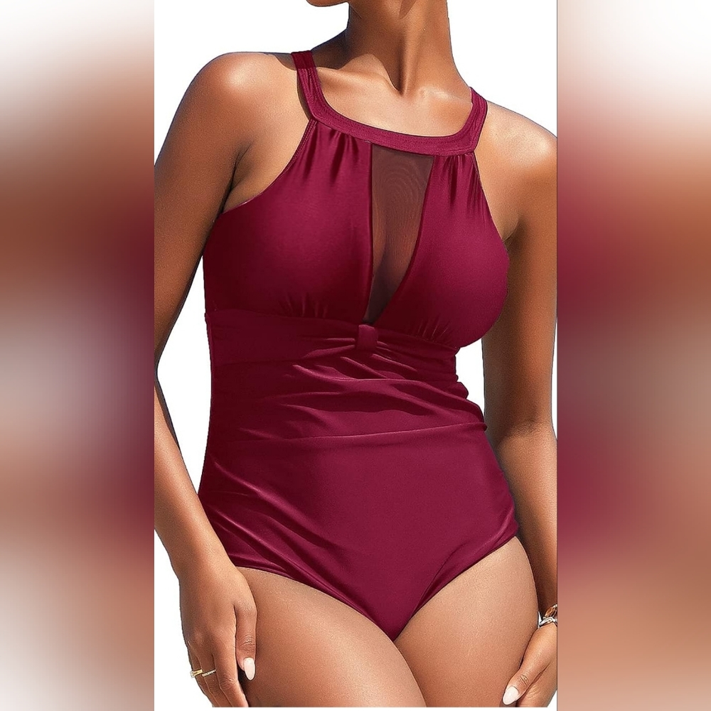 Women's Mesh V-Neck Burgundy Monokini